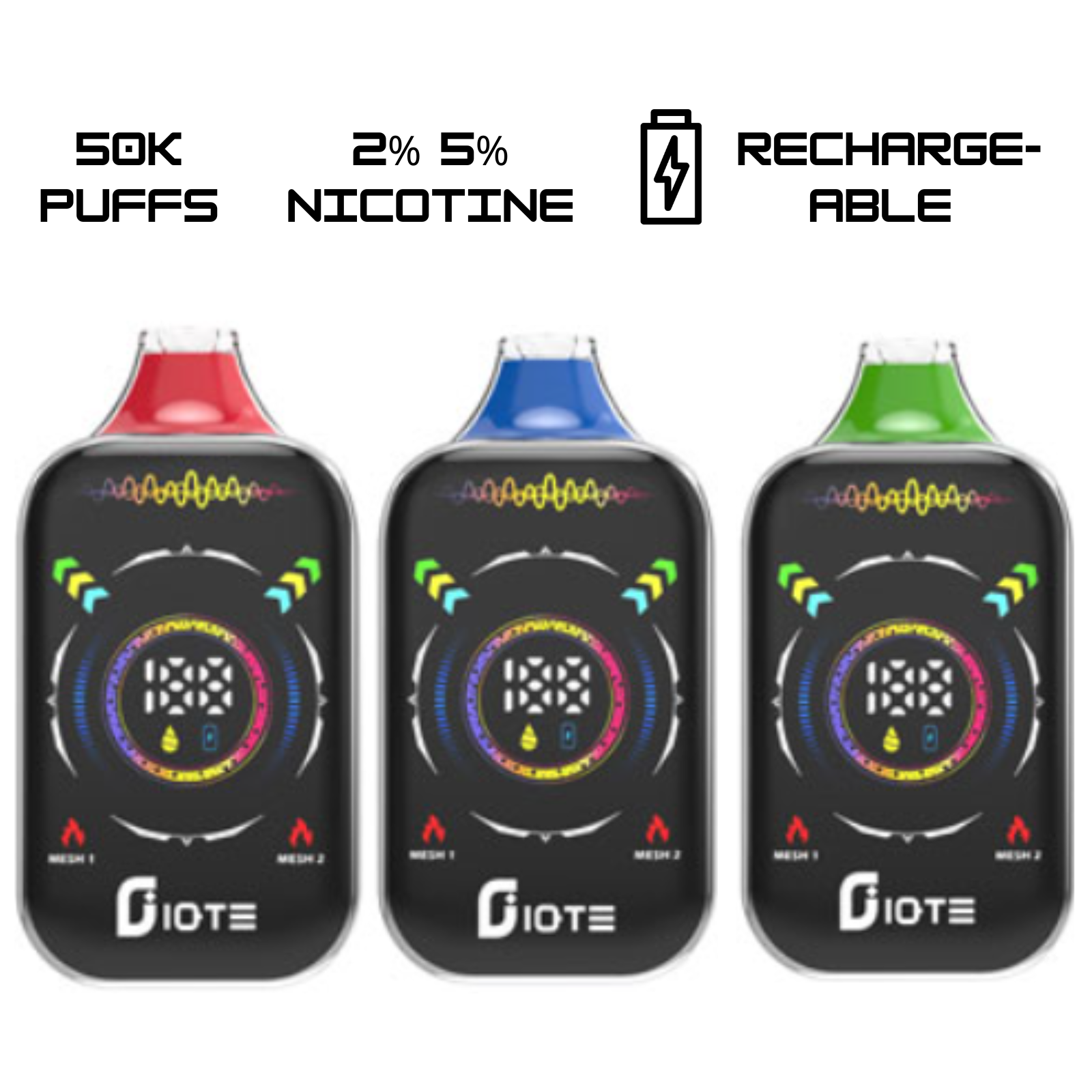 IQTE 50000 Puffs Dual Mesh RGB Full-Screen Disposable Vape 2% 20mg 5% 50mg NIC