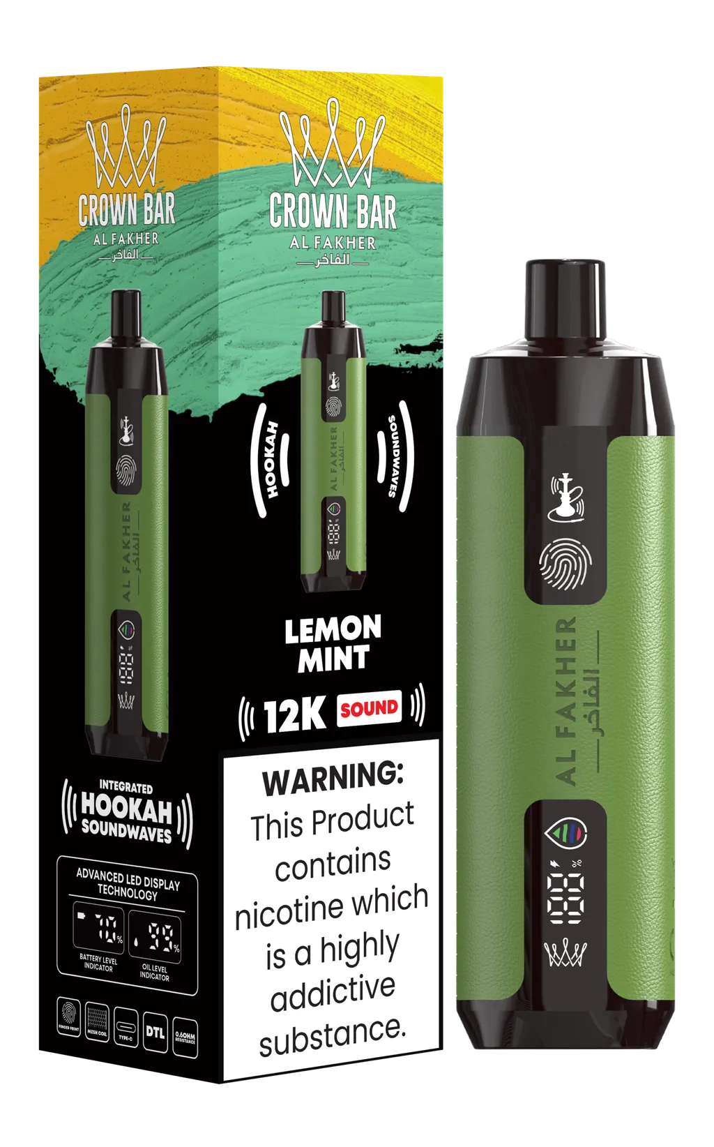 Al Fakher Crown Bar Shisha DTL 12000 Puffs Disposable Vape With Sound 0.5% 5mg Nic 9 Flavors