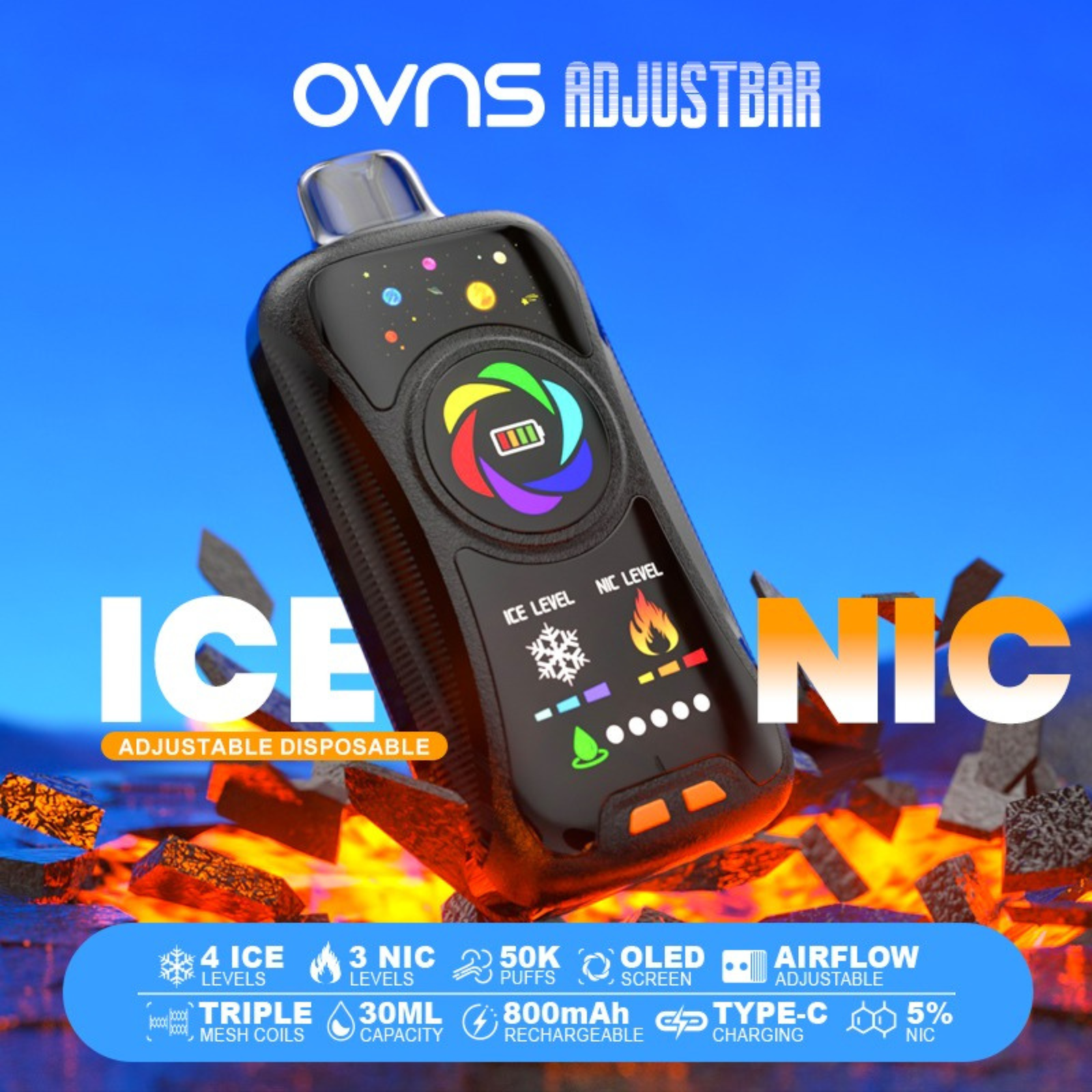 OVNS Adjustbar Airflow, Ice & Nic Control 50000 Puffs Disposable Vape 5% 50mg NIC