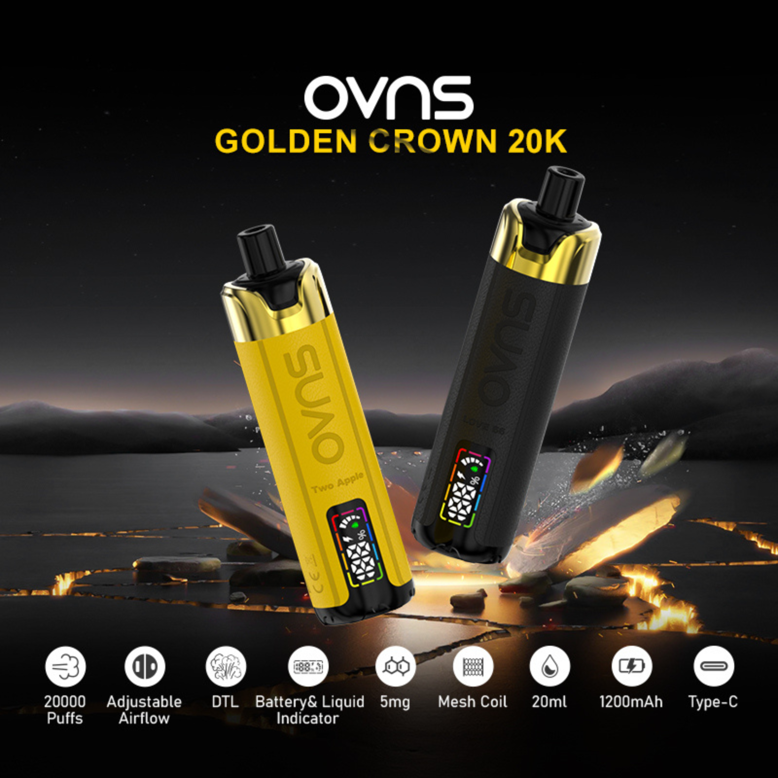 OVNS Golden Crown DTL Shisha Hookah 20000 Puffs Disposable Vape Dual Digital Screens 1% 10mg NIC